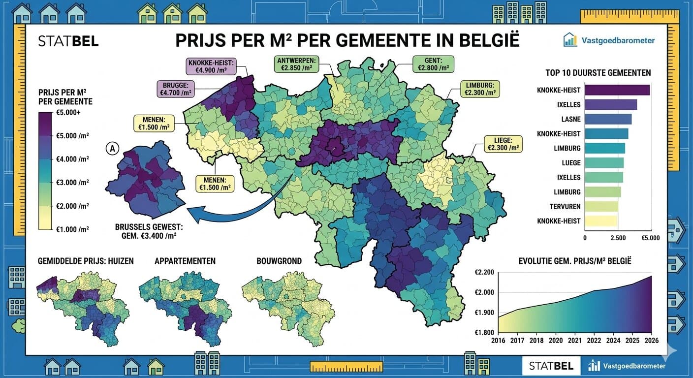 Prijs per m² per gemeente in België: zo lees je de verschillen